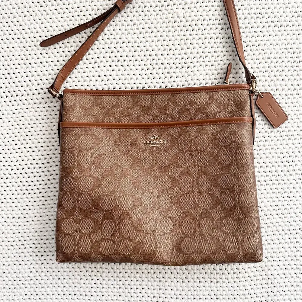 Coach Brown Tan Signature Slim File Crossbody Coated Canvas Bag C1723
